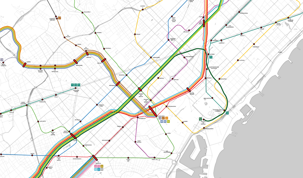 Detailed Editable Public Transport Map Barcelona
